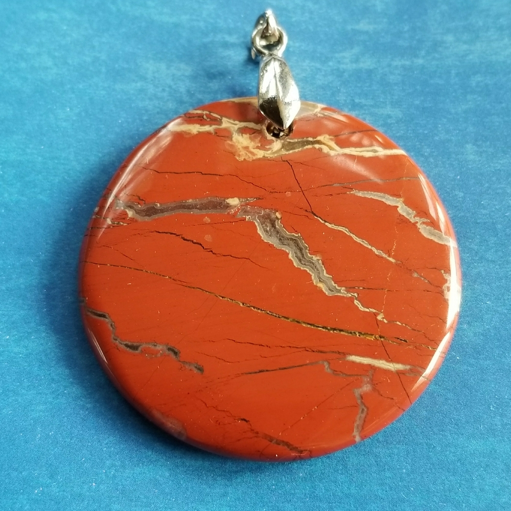 Stone pendant rust red circle silver tone boho bohemian